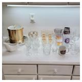 Vintage ice buckets and glassware, assorted kitchenware