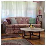 Vintage floral sofa, Mid century modern marble top coffee table