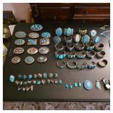 Vintage Native American jewelry, sterling silver and turquoise belt buckles, cuff bracelets, rings