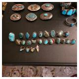Vintage Native American jewelry, sterling silver and turquoise rings and belt buckles