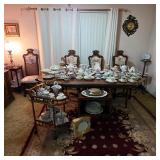 Vintage dining set with chairs, vintage bar cart, vintage fine China tea sets, teapots and tea cups