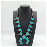 Vintage Native American sterling silver and turquoise squash blossom necklace