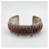 Vintage Native American sterling silver and red coral Vivian Jones cuff bracelet