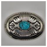 Thomas Singer Vintage Native American sterling silver and turquoise belt buckle