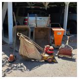 Wheelbarrows, gas powered chipper and bagger, gardening equipment