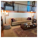 Mid century sofa, coffee table, and mid century modern lamps