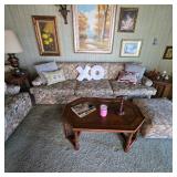 Vintage floral print sofa, ottoman, vintage coffee table
