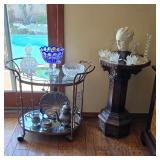 Antique mid century French bar cart and Antique hand carved gothic baptismal font