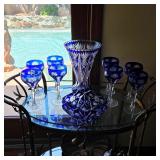 Vintage cobalt blue cut crystal wine glasses, vase, dish