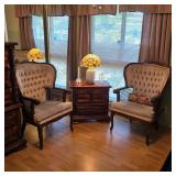 Antique chairs, vintage nightstand, Tiffany style lamp