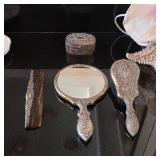 Vintage ornate vanity mirror and brush set