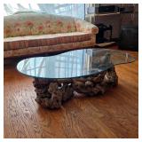 Gorgeous vintage burlwood kidney bean shaped glass top coffee table