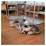 Gorgeous vintage burlwood kidney bean shaped glass top coffee table