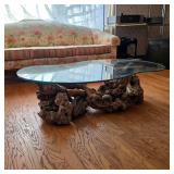 Gorgeous vintage burlwood kidney bean shaped glass top coffee table