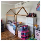 Canopy bed frame, assorted toys