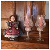 Antique porcelain doll, crystal candle holders