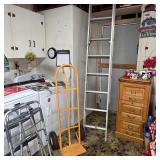 Ladder, dolly, wood filing cabinet