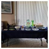 Vintage ironwood sculptures, vintage glass, Indiana Glass bowl with box