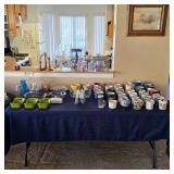 Pyrex glass bowls, coffee mugs, candle stick holders
