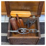 Gorgeous antique tiger oak shoe shine box with brushes and accessories