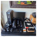 Dell desktop computer, vintage 35mm cameras, lenses, and accessories