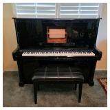 Schafer & Sons VS52 black lacquer upright player piano, working condition, includes 90 music rolls