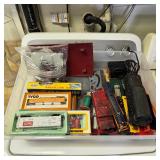 Vintage model railroad, locomotives, cars, tracks, and accessories