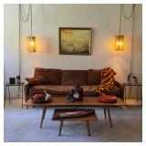 Carl Fagerlund for Orrefors amber glass hanging pendant lights, Paul McCobb Planner Group MCM tables