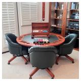 Custom built I.M. David Furniture poker or game table with leather barrel chairs (6 chairs are inclu