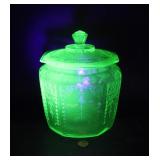 Lot # : 266 - Uranium Pressed Glass Cookie Jar With Lid