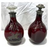 Lot # : 101 - Sterling Silver Overlay Ruby Glass Decanters