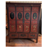 Antique Chinese Wedding Cabinet with Gilt Decorative Panels
