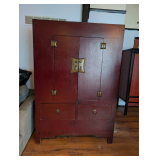 Vintage Chinese Red Lacquer Cabinet with Brass Hardware