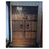 Antique Wooden Temple Doors with Ornate Iron Hardware and Ring Pulls