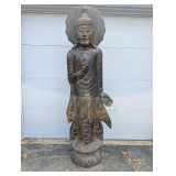 Large Carved Wooden Buddha Statue Standing on Lotus Base
