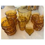 Vintage Amber Glass Pitcher and Dishes 