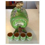 Antique Japanese Moriage Sake Set w Barrel Dispenser & 4 Cups 
