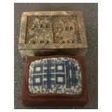 Vintage Asian Reticulated Carved Soapstone Marble Trinket Jewelry Box. Chinese Porcelian Shard Wood 