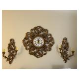 Vintage Gold Wall Clock and Candlestick Holders