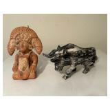 Aztec/Mayan Warrior Statue and Marble Bull Statue 