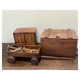 Antique Toy Wood Wagon, Thread Spools, Small Crate and Mini Chest 