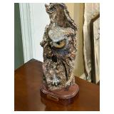 Tall Resin Owl Statue on Wood Base 