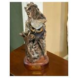 Tall Resin Owl Statue on Wood Base 