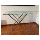 Sleek glass top console table with polis