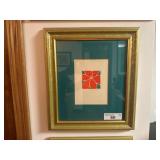 Framed modern floral art print signed A.