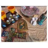 Folk art cross, religious plaques, potte
