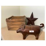 Wooden Crate and Pig Sculpture
