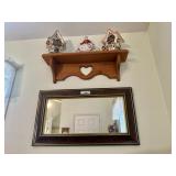 Ceramic Figurines, Wooden Shelf & Fram
