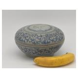 Blue and White Lidded Ceramic Jar with VOC-Style Emblem