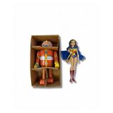 23 VintageWonderWomanFigure&TinRobotWindUpToyLotwBox